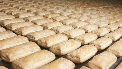 Baked pies group on the production line