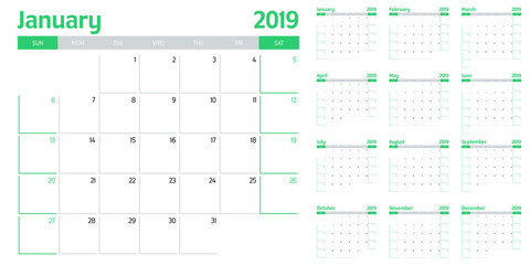 Calendar planner 2019 template vector illustration all 12 months week starts on Sunday and indicate weekends on Saturday and Sunday