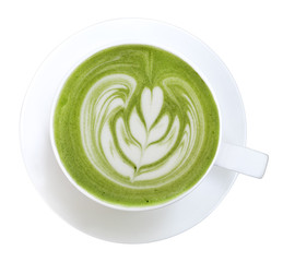 Top view of hot matcha green tea latte art foam isolated on white background, clipping path included