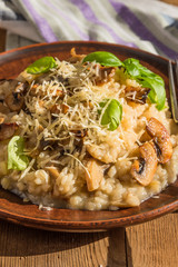 Italian dish - vegetarian mushroom risotto with basil leaves and Parmesan cheese in a clay plate naprostovatom village table