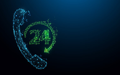 Phone 24hr icon form lines, triangles and particle style design. Illustration vector