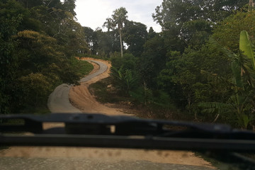 Road through jungle, view behind windshield of car. Dangerous upward climb. Koh Samui, Thailand. Concept: trip, exotic place © evgeny_pylayev