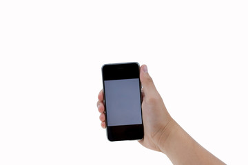 Hand holding black phone isolated on white clipping path inside