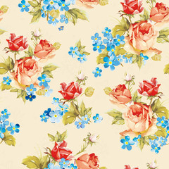 Elegance vector illustration texture with roses and forget-me-not. Stylish beautiful floral seamless pattern.