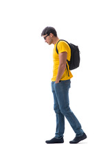 Young student with backpack isolated on white 
