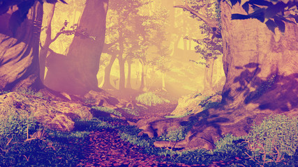 path through magical forest at sunrise, beautiful old trees in the woods, fantasy landscape