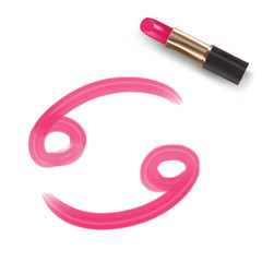Obraz premium Cancer Zodiac sign write by Lipstick pink color illustration, star constellation concept design isolated on white background, with copy space