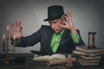 Detective spy agent holding in hands a two keys to unravelling. Alternative choice. Detective or...