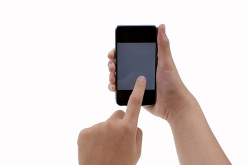 Male touch mobile phone isolated on white background