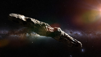 Oumuamua is an active comet, interstellar object  passing through the Solar System, unusual shaped asteroid - obrazy, fototapety, plakaty