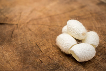 Group of white silk cocoons placed on the wooden floor,Vintage style.