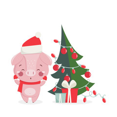 Happy new year greeting card with cute pig with nw year tree. Chinese symbol of the 2019 year. Design for print, poster, invitation, t-shirt. Vector illustration.
