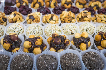 Multi-colored rolls oriental sweetness close-up, soft selective focus with shallow depth of field