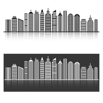 City skyline, building silhouette in night time, for flat