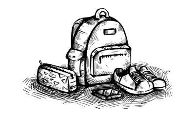 School Bag, Shoe and Pencil Case Sketch Vector