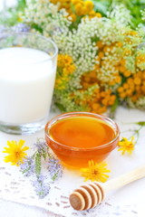 Obraz na płótnie Canvas Glass of milk and flower honey in a bowl
