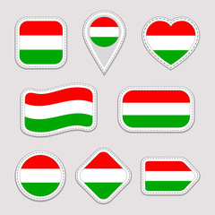 Hungary flag vector set. Hungarian, flags stickers collection. Isolated geometric icons. National symbols badges. Web, sport page, patriotic, travel, school, design elements. Different shapes