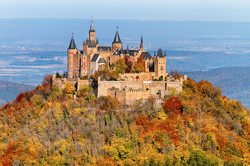 Fototapeta View of Hohenzollern Castle in the Swabian Alps - Baden-Wurttemberg at autumn, Germany. obraz