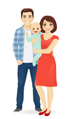 Young parents with newborn baby vector illustration isolated. Happy family portrait. Mother and father with son