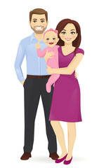Young parents with newborn baby vector illustration isolated. Happy family portrait. Mother and father with daughter