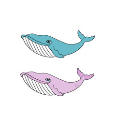 Set of Little Blue and Pink Whales, gender reveal party invitation, vector illustration isolated on white background