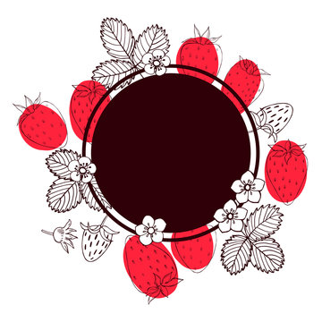 Vector frame with strawberry. Fruits, flowers, leaves. Sketch illustration
