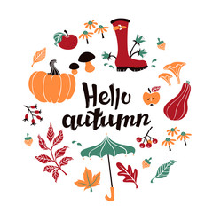 Circle Frame with Text Hello Autumn and Hand Drawn Elements. Fall Background with Leaves.