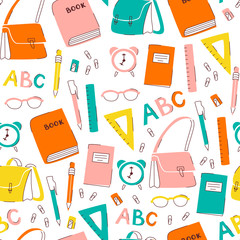 Vector Seamless School Pattern with Books, Backpacks, Pens and Pencils.