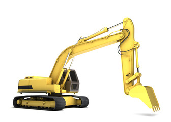 Massive powerful concept. Hydraulic Excavator with bucket. 3d illustration. Wide angle. Side view. Isolated on white background