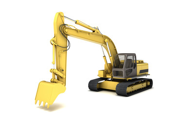 Massive powerful concept. Hydraulic Excavator with bucket. 3d illustration. High angle view. Perspective. Isolated on white background