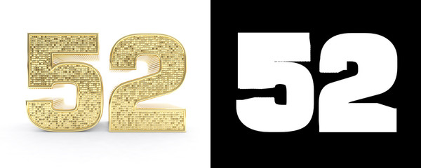 Golden number fifty two (number 52) on white background with drop shadow and alpha channel. 3D illustration