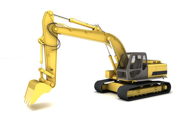 Massive powerful concept. Hydraulic Excavator with bucket. 3d illustration. Wide angle. Left side  view. Perspective. Isolated on white background