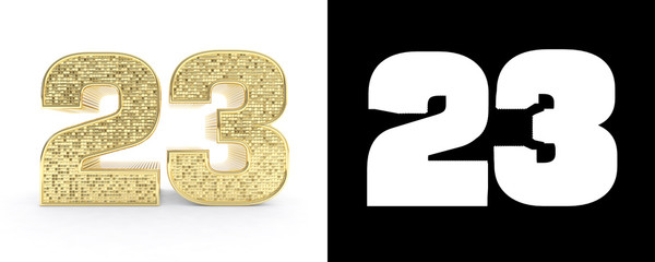 Golden number twenty three (number 23) on white background with drop shadow and alpha channel. 3D illustration