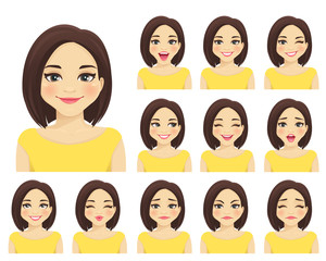 Woman with different facial expressions set isolated
