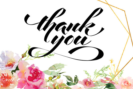 Thank you - hand lettering inscription to holiday design, black and white ink calligraphy Hand drawing watercolor Wedding frame wreath green and purple flowers ornament