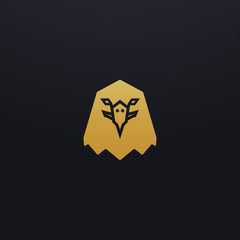 Stylized eagle head icon illustration. Vector glyph, tribal animal design with golden color