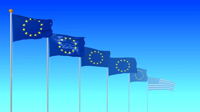 Six flags of the European Union develops in the wind on a blue gradient background in a perspective with a fog. Movement along the flags to the USA symbol. Rendering 4K video from the 3D program.