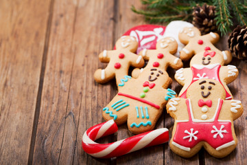 Christmas gingerbread cookies on wooden table