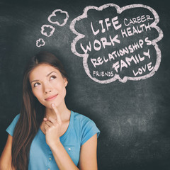 Work life balance thought bubble Asian woman thinking of the stress of balancing work, love,...