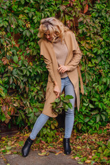 Yuong beautiful woman in sweater and coat stands next to the background of wild grapes holding bouquet of autumn leaves