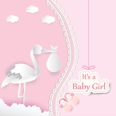 Paper art of stork with baby and cloud on pink background baby girl shower card paper cut style illustration