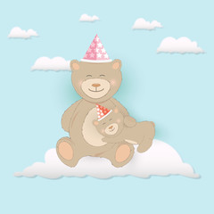 Teddy bear sitting on cloud Greeting card on blue background