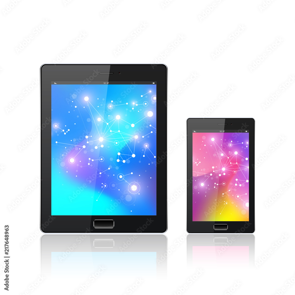 Poster modern digital tablet pc with mobile smartphone isolated on the white. abstract fluid 3d shapes vect