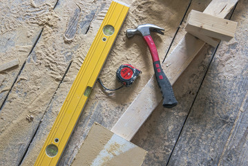 Home renovation tools on the wooden floor