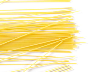 Spaghetti, yellow pasta isolated on white background, top view
