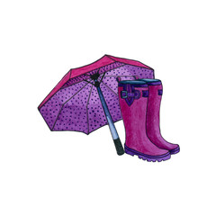 A dark pink boots with an open umbrella. Watercolor hand drawn illustration. Autumn rain cloth. Rain boots isolated on white background.