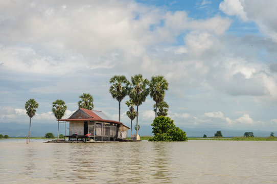 Panoramic landscapes of the flooded lake Tempe and floating village in the south of Sulawesi, Indonesia.
