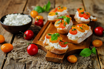 Ricotta tomato Basil bruschetta with fresh tomatoes and Basil leaves