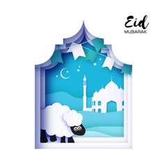 Eid-Al-Adha Greeting card design with paper cut cute Baby Sheep for Muslim Community. Origami Festival of Sacrifice. Eid Mubarak. Blue background. white ram. flags.