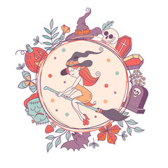 Happy Halloween vector illustration. Hand drawn greeting card, invitation for a Halloween party.